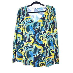 CHICO'S 2 Womens Large Long Sweater Lightweight V-neck Blue Paisley Cotton